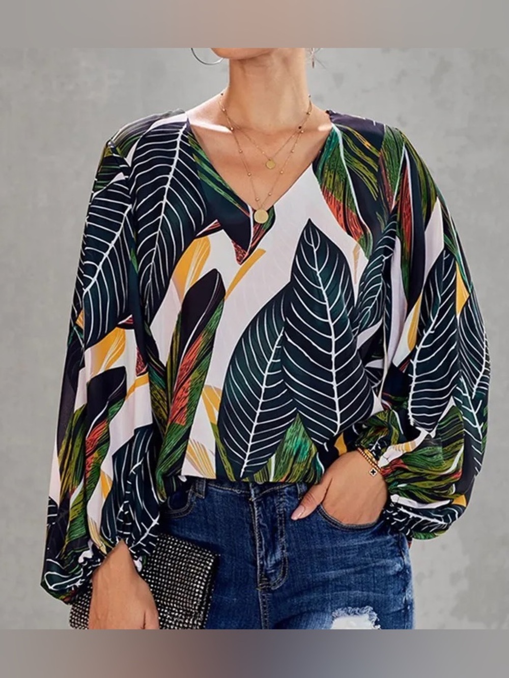 Tropical Leaf Print V-Neck Blouse - Green/White